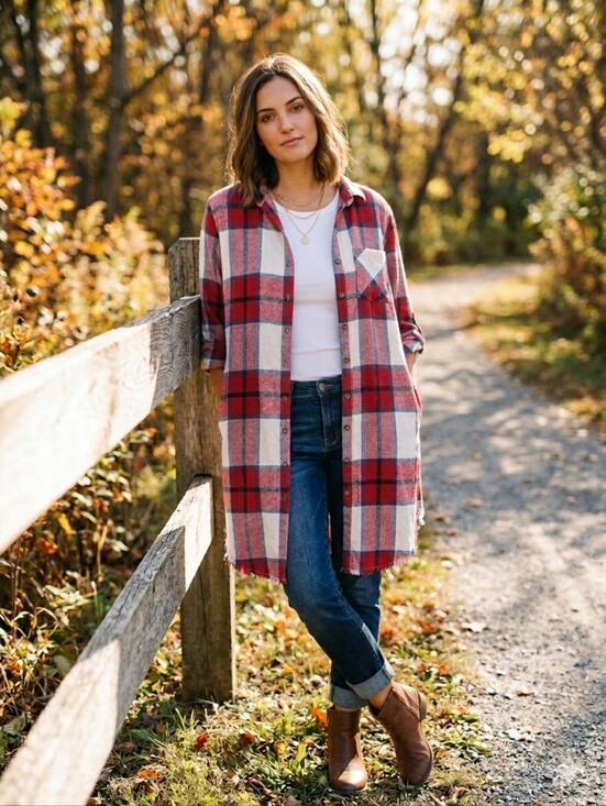Dizzy Lizzy Tops - Plaid Flannel Dress Duster Button Down Long Sleeve Red White Med Dizzy Lizzy